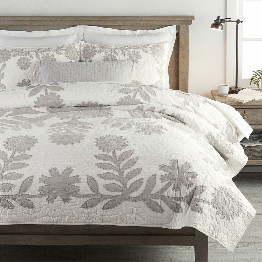 Pottery Barn White and Gray Floral Quilted Cotton Quilt